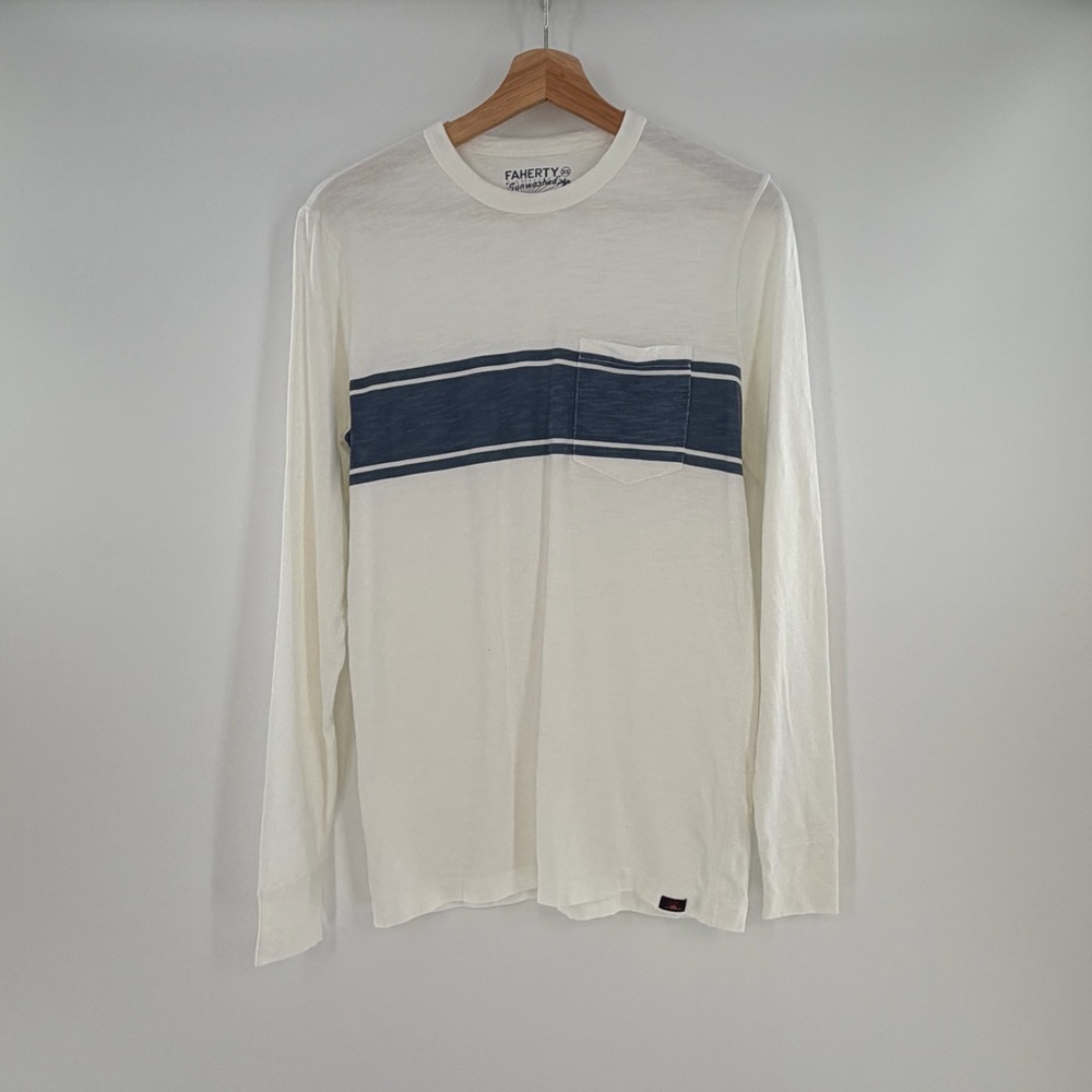 Faherty Sunwashed Slub Crew Surf Stripe Pocket T-shirt White Blue Size XS
